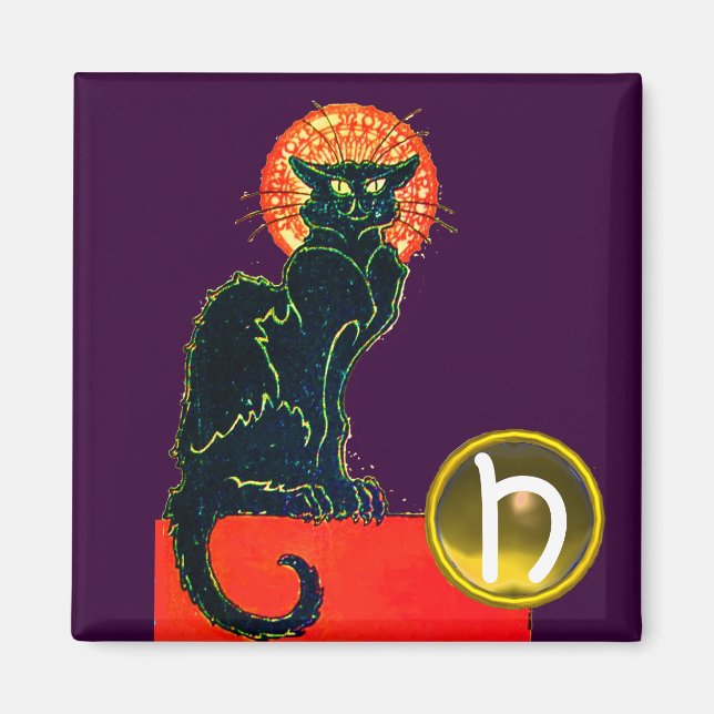 Imán GATO NEGRO HALLOWEEN PARTY MONOGRAM Purple (Frente)