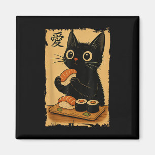 Imán Gato negro Kawaii lindo comiendo sushi divertido j