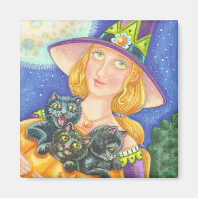 Imán GATO NEGRO KITTENS & WITCH HALLOWEB MAGNET Square (Frente)