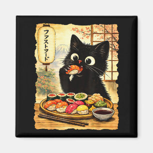 Imán Gato negro lindo comiendo sushi kawaii comida japo