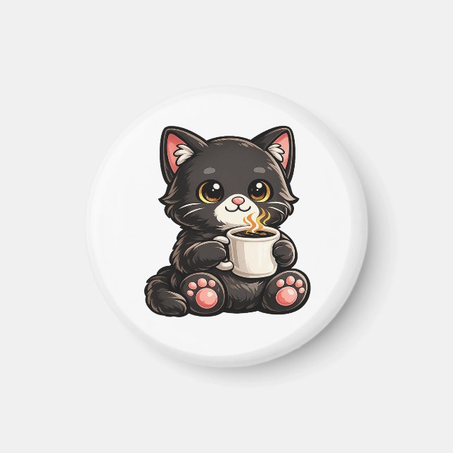 Imán Gato negro lindo con café (Frente)