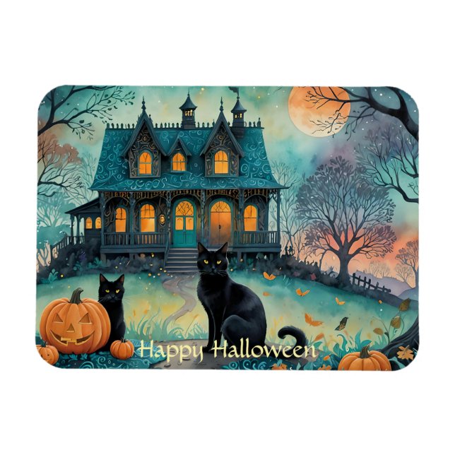 Imán Gato negro, linternas Jack O, Halloween en casa fa (Horizontal)