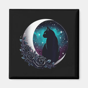 Imán Gato negro místico con luna y rosas celestial