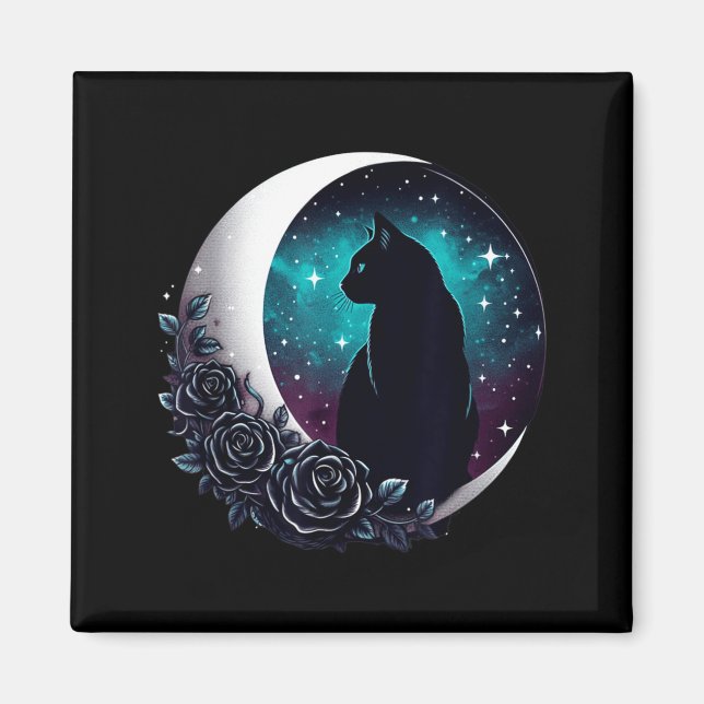 Imán Gato negro místico con luna y rosas celestial (Frente)