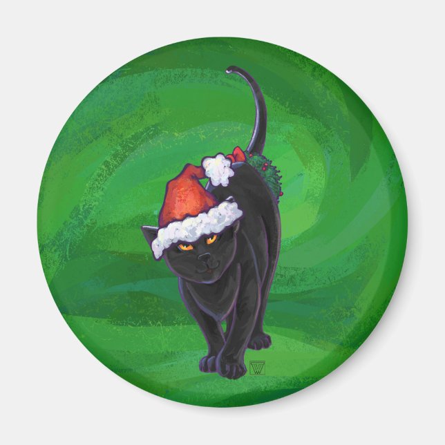 Imán Gato negro navidad en verde (Frente)