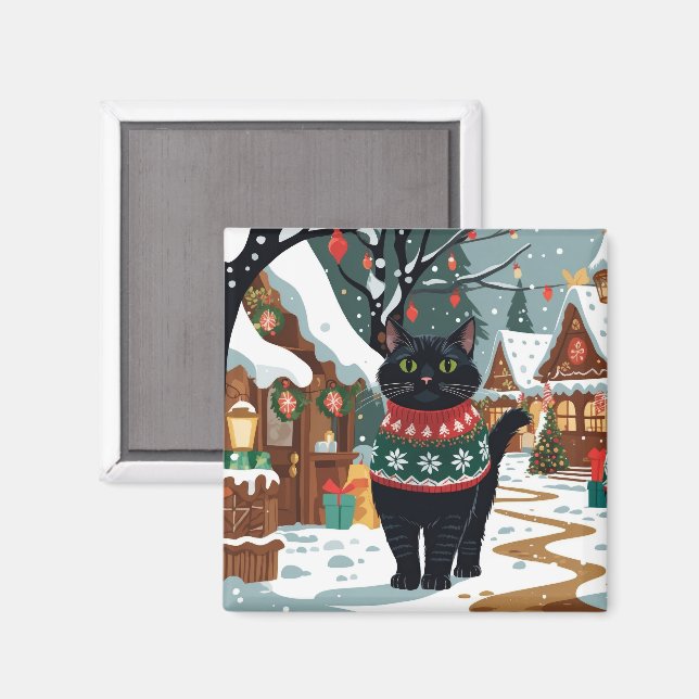 Imán Gato Negro Navidad Nieve Fiesta (Anverso/Reverso)