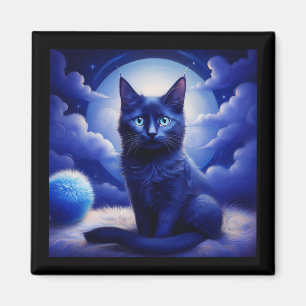 Imán Gato negro posando frente a la luna y nubes blanca