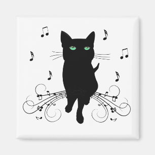 Imán Gato negro rodeado de notas susurrantes de música