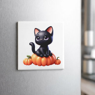 Imán Gato negro sentado en una calabaza