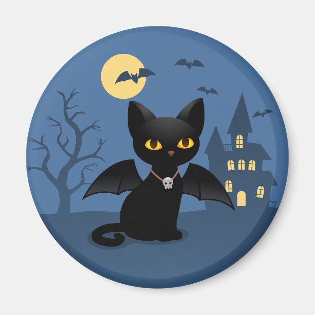 Imán Gato negro vampiro de Halloween con alas (Frente)