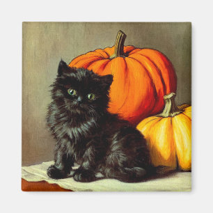 Imán Gato negro vintage de Halloween y calabazas