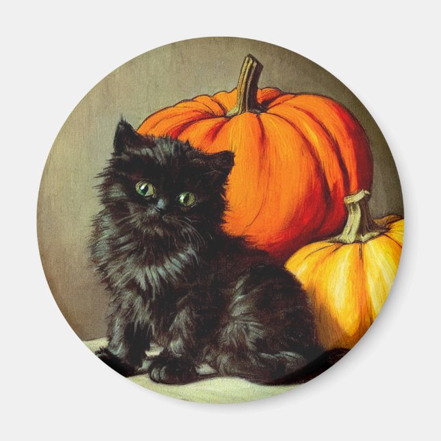 Imán Gato negro vintage de Halloween y calabazas (Frente)