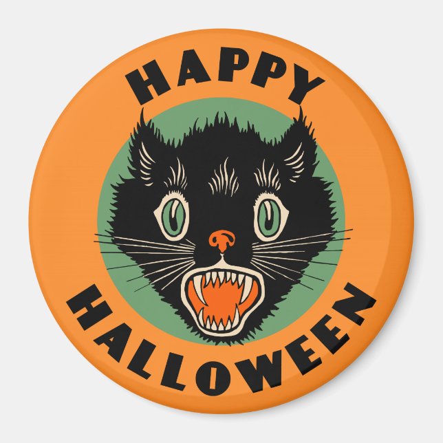 Imán Gato negro vintage - Halloween feliz (Frente)