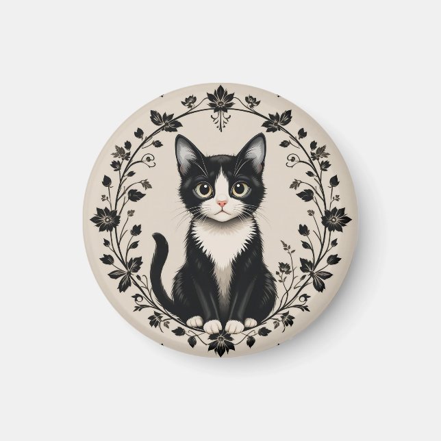 Imán Gato negro y blanco elegante (Frente)