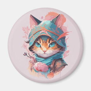 Imán Gato Ninja Encapuchado en Acuarela Linda