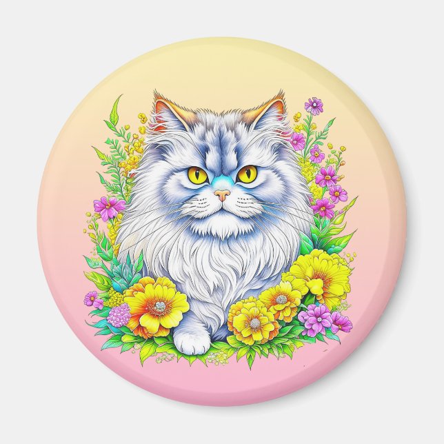 Imán Gato persa con flores amarillas y rosas (Frente)