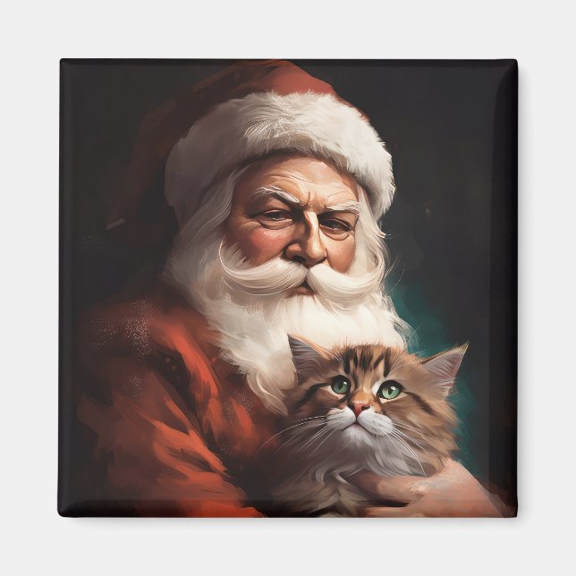 Imán Gato persa con Navidades festivos de Santa Claus (Frente)