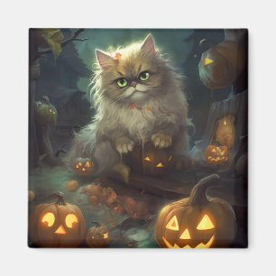 Imán Gato persa de Halloween con calabazas aterradoras