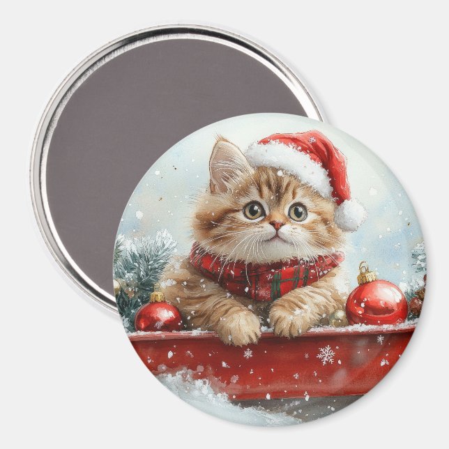 Imán Gato Persa en Trineo Deja que Nieve Navidad (Anverso/Reverso)