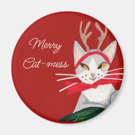 Imán Gato retro lindo - desorden rojo de Navidad