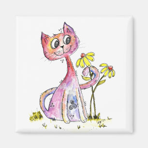 Imán Gato rosa delicioso lindo con flores amarillas
