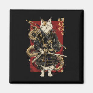 Imán Gato samurai con kanji japonés dragón