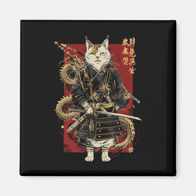Imán Gato samurai con kanji japonés dragón (Frente)