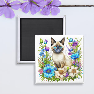 Imán Gato siamés de acuarela Ai en flores