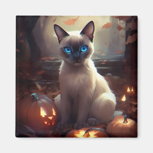 Imán Gato siamés de Halloween con calabazas espeluznant