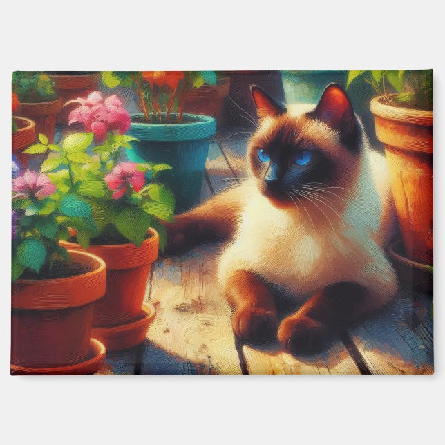 Imán Gato siamés en la pintura al óleo del jardín (Anverso)