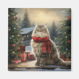 Imán Gato siberiano en Navidades de nieve