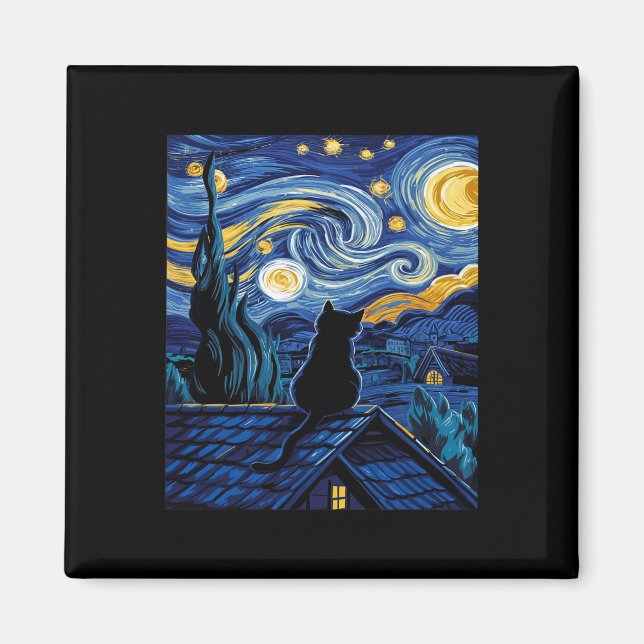 Imán Gato Starry Night Van Gogh Cat Art Lover Funny Cat (Frente)