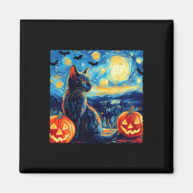 Imán Gato Starry Night Van Gogh Cat Lover Bats Pumpkins (Frente)
