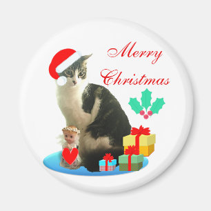 Imán gato tabby de Navidad, pequeño ángel y regalos