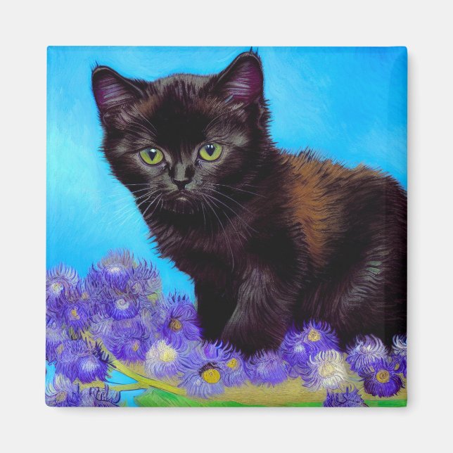 Imán Gato Van Gogh y flores (Frente)