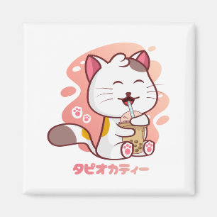 Imán Gato Y Boba Té Leche Anime Kawaii Square Magnet