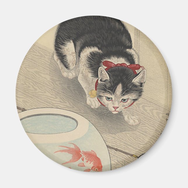 Imán Gato y bol de peces de colores por Ohara Koson (Frente)