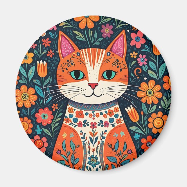 Imán Gato y flores de arte folclórico caprichosos (Frente)