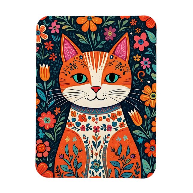 Imán Gato y flores de arte folclórico caprichosos (Vertical)