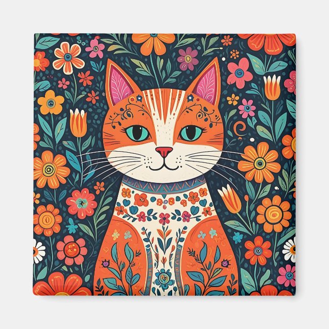 Imán Gato y flores de arte folclórico caprichosos (Frente)
