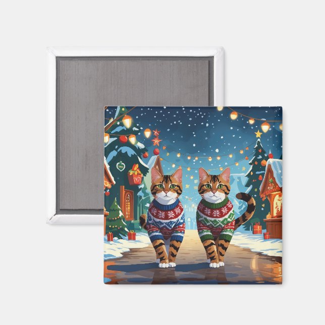 Imán Gatos Bengalí Navidad Nieve Fiesta (Anverso/Reverso)