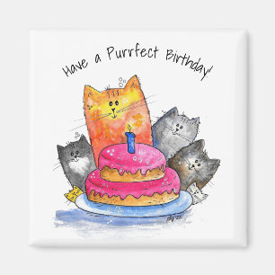 Imán Gatos caprichosos con pastel de cumpleaños
