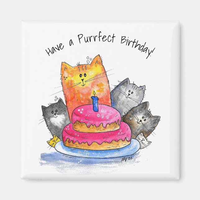 Imán Gatos caprichosos con pastel de cumpleaños (Frente)
