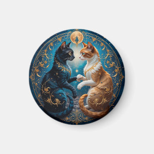 Imán Gatos Celestiales en Arte Cósmico con Oro y Azul