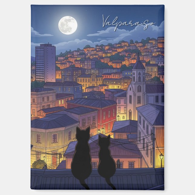 Imán Gatos de Valparaiso Chile de noche (Anverso)