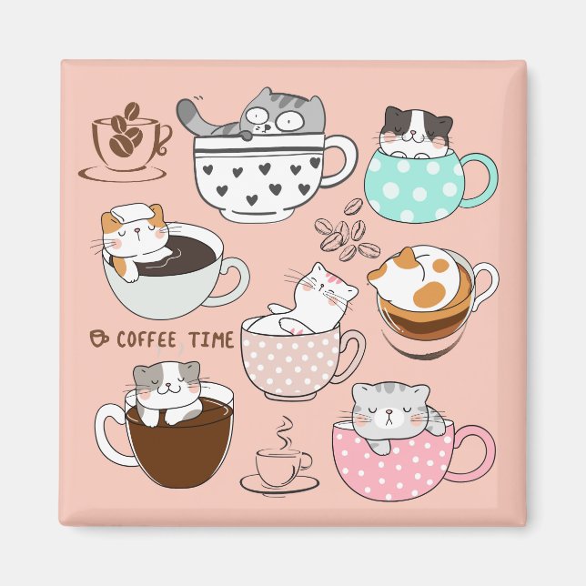 Imán Gatos divertidos con café (Frente)