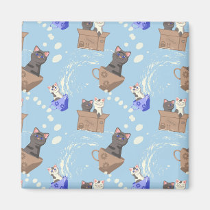 Imán Gatos en caja y gotas de leche en azul