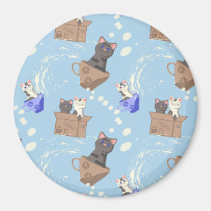 Imán Gatos en caja y gotas de leche en azul