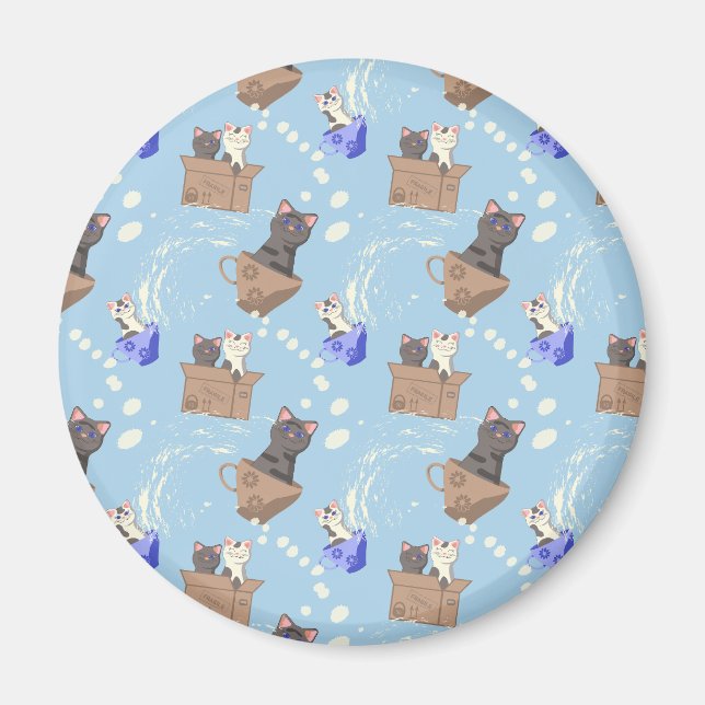Imán Gatos en caja y gotas de leche en azul (Frente)