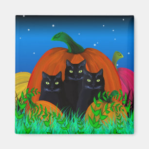 Imán Gatos negros de Halloween con calabazas